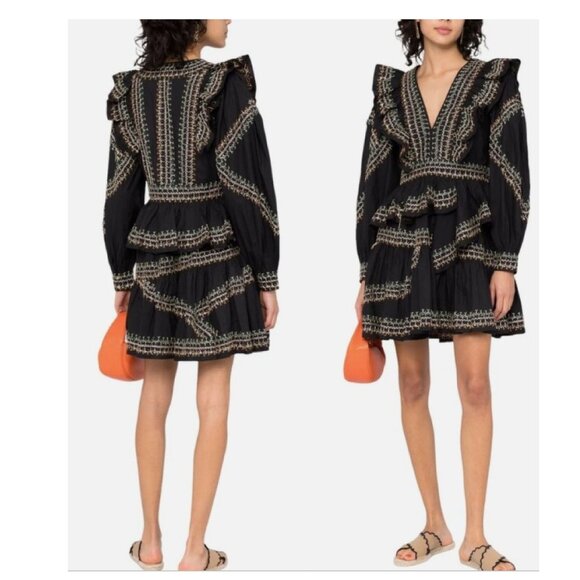 ULLA JOHNSON Anais Mini Dress Ruffle Embroidered V-Neck - Picture 2 of 5